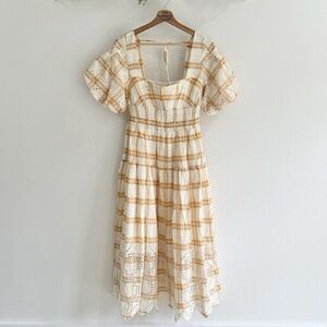 New Anthropologie Puff Sleeve Eyelet Midi Dress Small Maxi Boho AT